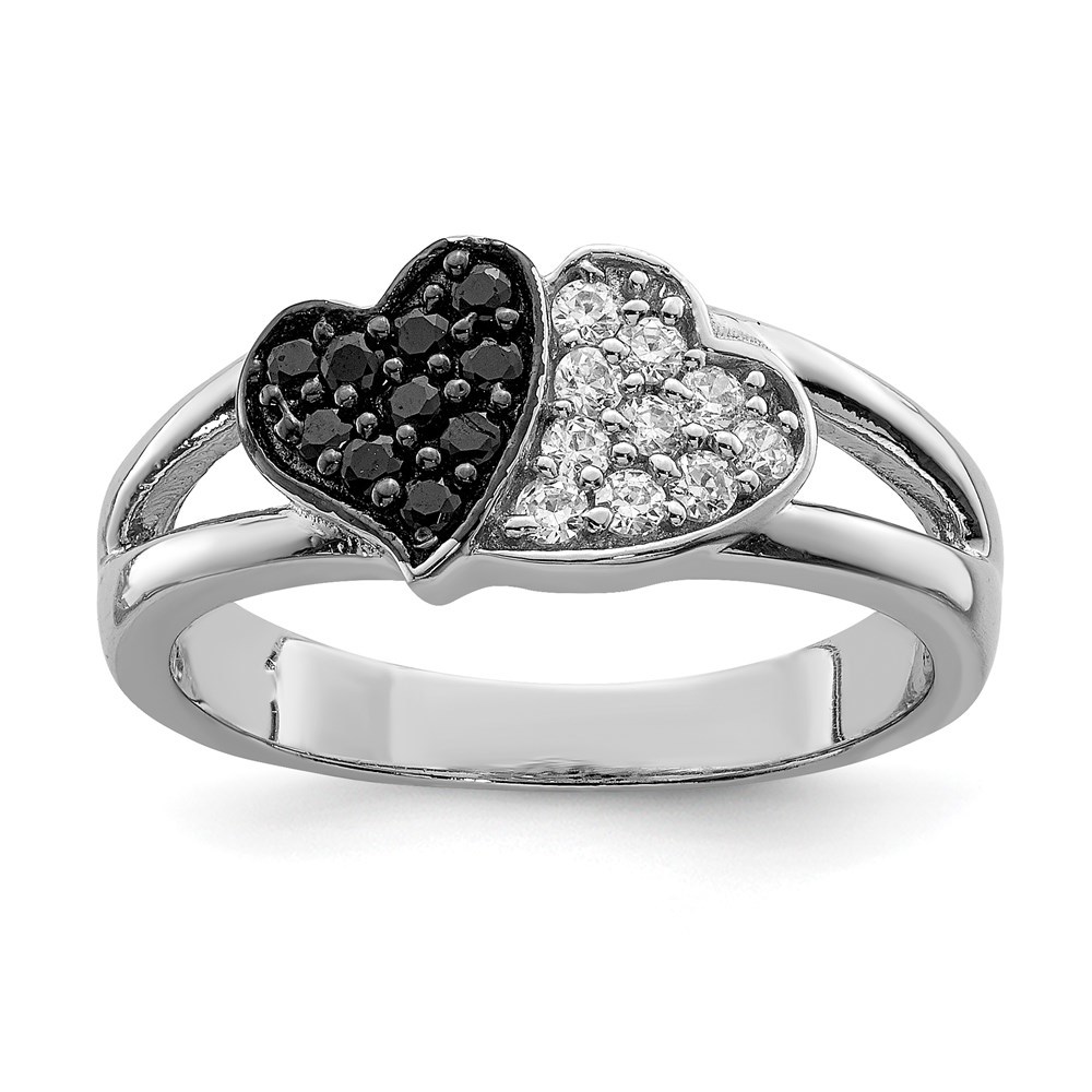 925 Sterling Silver Rhodium Clear & Black CZ Hearts Ring